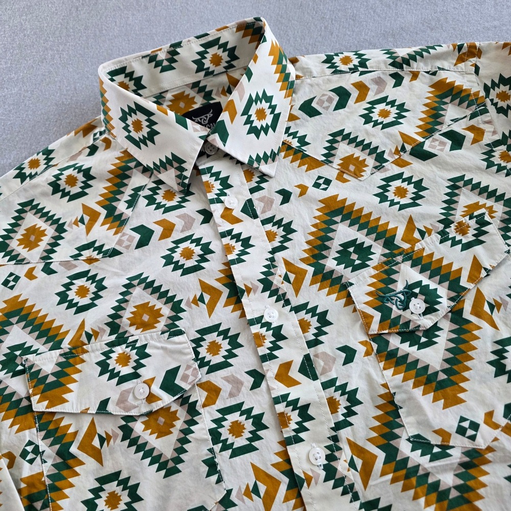 Lost Calf Mens Aztec Western Button Up Shirt Green Gold Geometric Cotton Medium